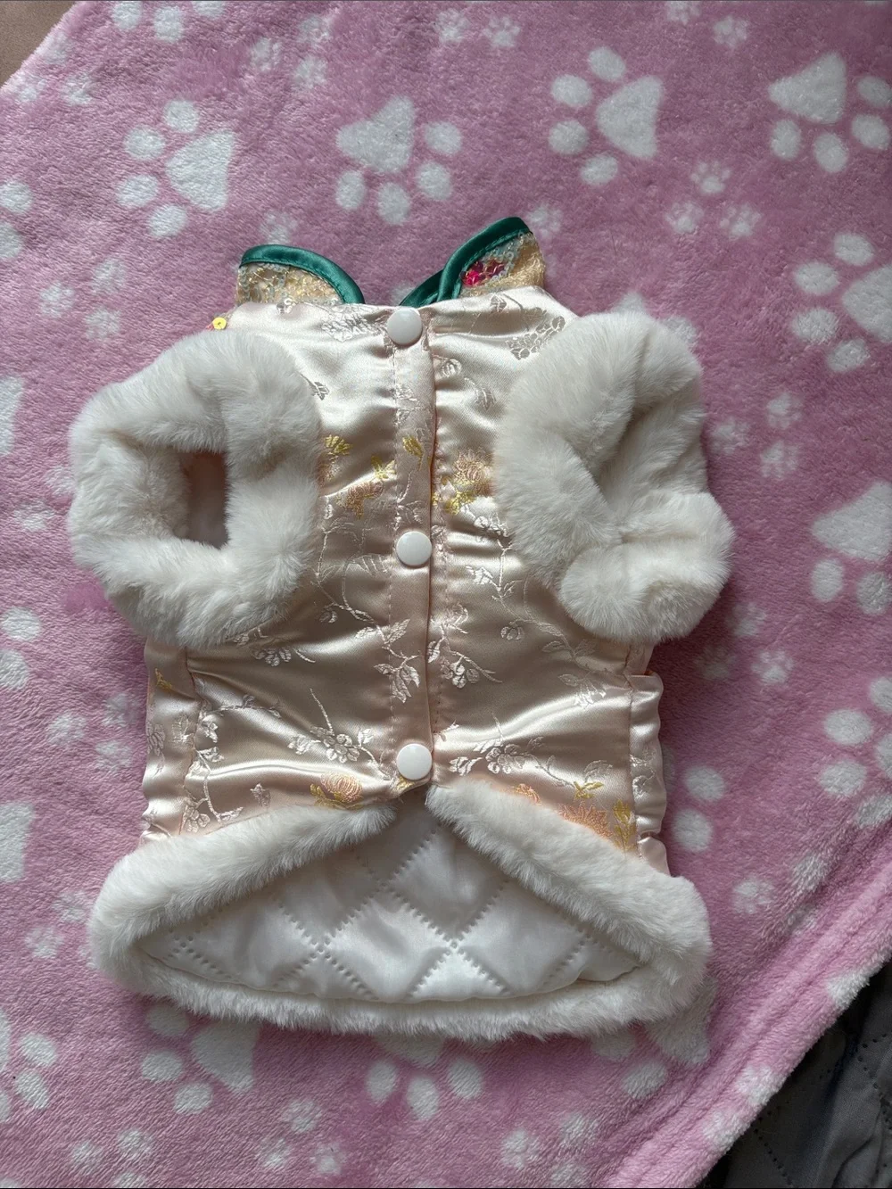New year Embellished Satin & Faux Fur Pet Hooded Coat - Pink Multicolor